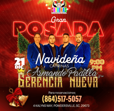 Flyer promocional de la Posada Navideña en Catrinas Cocktails & Grill en Powdersville, SC