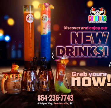 Imagen promocional de Catrinas Cocktails & Grill presentando su nuevo menú de bebidas coloridas