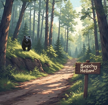 Image of dirt road through woods with black bear