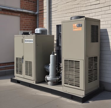 Multiple metal pipes are mounted along a textured concrete wall. The pipes vary in size and are arranged both vertically and horizontally, connected by clamps and a junction box.