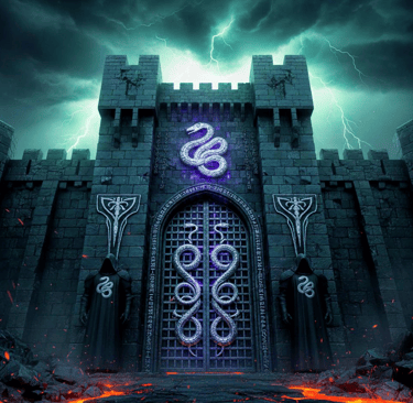 The gates to the Black Citadel with the silver serpent of the warlord Saphira