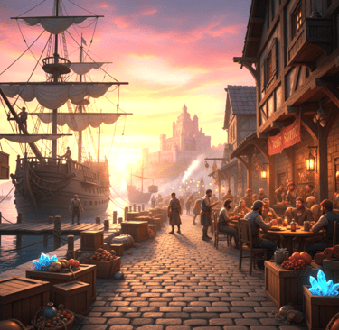 A close up shot of a section of the docks in Port Sunder, showing a ship, docks, and businesses