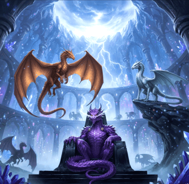 Dragon King Drakthor on his throne, with dragons around him