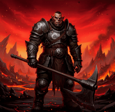 Gruk, a massive Orc in black armor holding a huge battle axe. Your guide to the Black Citadel