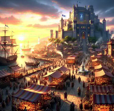 Wide angle shot of Port Sunder. Showing the harbor, docks, market, and the citadel. 