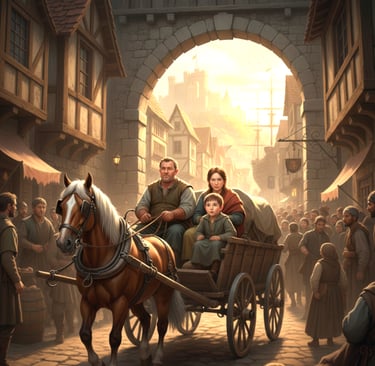 Stennis, Anya, and Leo riding in a wagon on the streets of Port Sunder