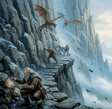 Horgath a guide to the Sky Breaker Stairs. On the stairs with dragons flying around. 