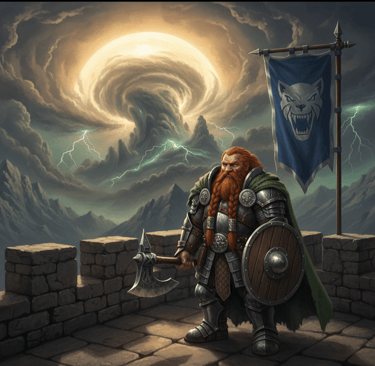 Dwarven Stonewatch, on the wall of Hammerdeep with the Shadow Storm raging in the background