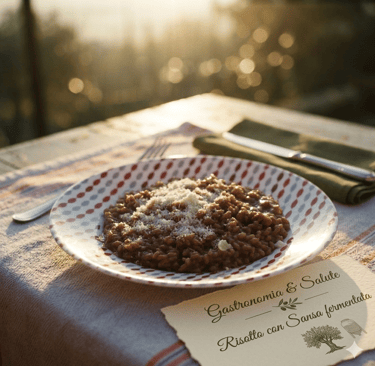 Foto con piatto di risotto condito con la sansa d'olovo fermntata