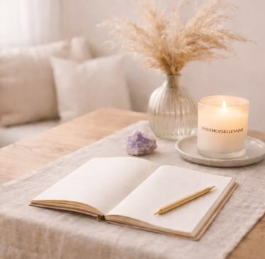 espace de séance de libération énergétique et émotionnelle avec bougie et carnet