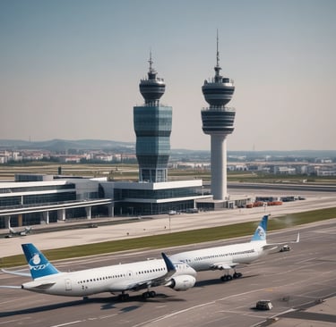A modern airport exterior showcasing sleek architecture and busy passenger activity.