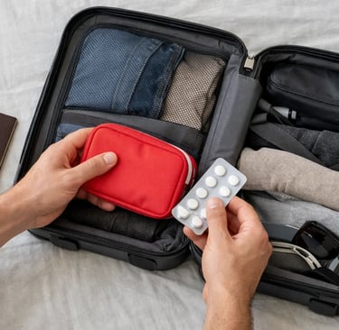 Walizka, ręka, tabletki