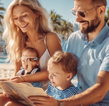 Rodzina 4 osobowa na plaży, siedzi na piasku i czyta