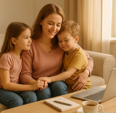 Uśmiechnięta kobieta siedzi na kanapie z dwójką dzieci, jedno trzyma ją za rękę, drugie ją przytula.