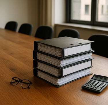 Segregatory, kalkulator i okulary na stole - PDU Polskie Doradztwo Ubezpieczeniowe