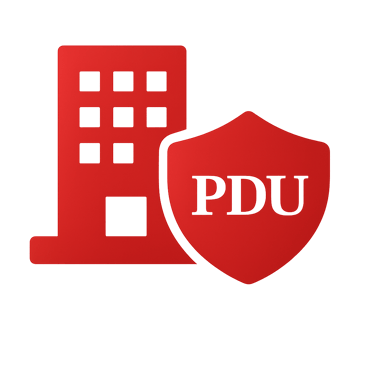 Budynek biurowy i tarcza PDU – ikona ubezpieczenia firmy i działalności gospodarczej