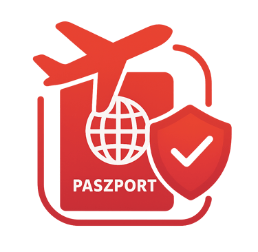 Samolot, paszport i tarcza – ikona ubezpieczenia turystycznego