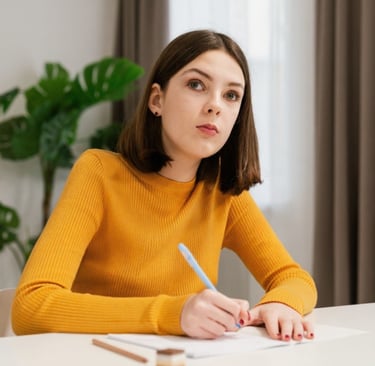 woman writing at a table while looking up