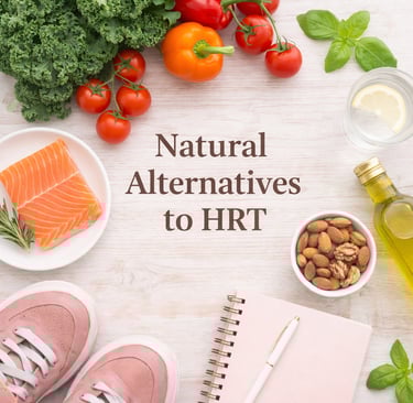 Flat lay image of natural menopause support tools including fresh vegetables, salmon, nuts, oliveoil