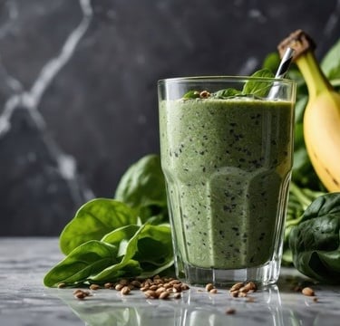 A glass of anti-inflammatory smoothie with blueberries, spinach, flaxseed, turmeric and ginger 