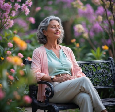 women in her 50's sitting peacefully on a park bench besides blooming flowers