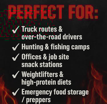 Bold black and red graphic listing who bulk 10-lb beef jerky bags are perfect for — truck drivers, h