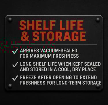 Shelf Life & Storage instructions for bulk beef jerky — vacuum-sealed packaging, long shelf life whe