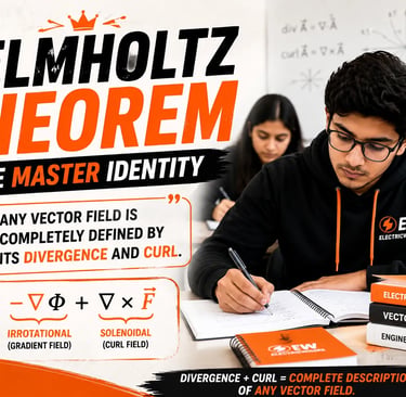 Helmholtz Theorem infographic explaining divergence, curl, solenoidal and irrotational vector fields
