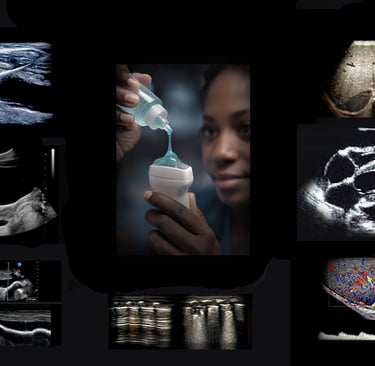 Montage of images illustrating the beginning path for a clinician learning hands-on ultrasound for the first time.