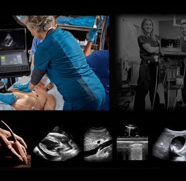 Panel of hands-on hands-on POCUS-point of care ultrasound images. 