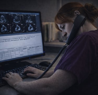 Ultrasoonographer typing and phoning in an urgent finding.