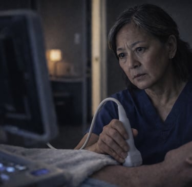 Worried sonographer looking at machine screen which shows suspicious pathology.