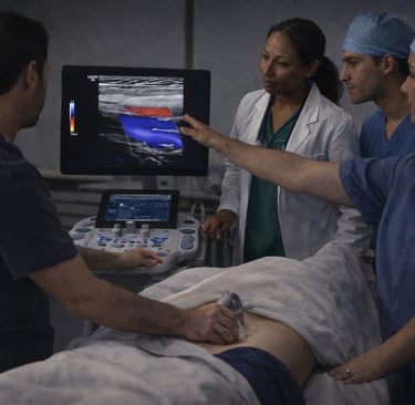 Sonographer performing an abdominal ultrasound exam while three other clinicians look on.