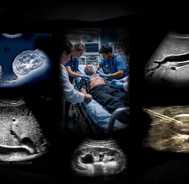 Montage of ultrasound images showing the performance and findings of POCUS ultrasound.