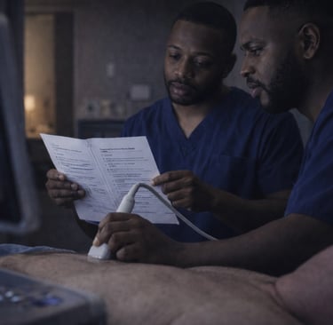 Two sonographers consulting a protocol list during an abdominal ultrasound exam.