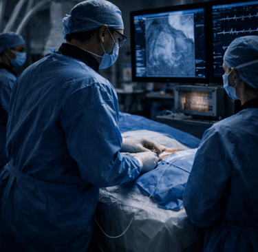 Doctor in the heart catheterization lab performing a procedure through a leg artery.