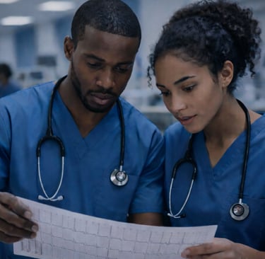A pair of nurses in Coronary Care reviewing a twelve lead EKG.