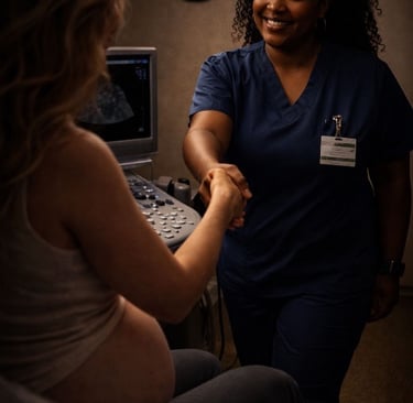 Ultrasonography greeting pregnant patient in late afternoon.