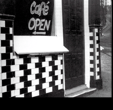Front entry to a streetside cafe- optical illusion.