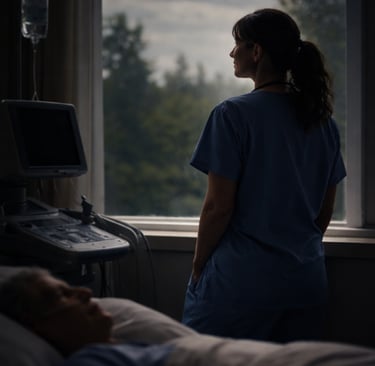 Female sonographer standing in window at bedside looking out the window in contemplation.