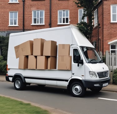 A moving truck parked in front of a house.