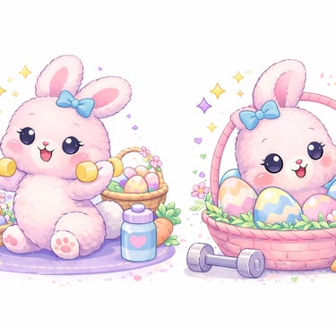 Cute pink Easter bunny characters lifting weights and sitting in an egg basket.