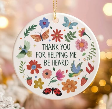 a ceramic ornament with a thank card attached to it
