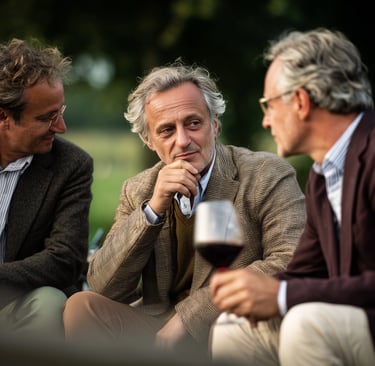 Drei Männer unterhalten sich im Garten