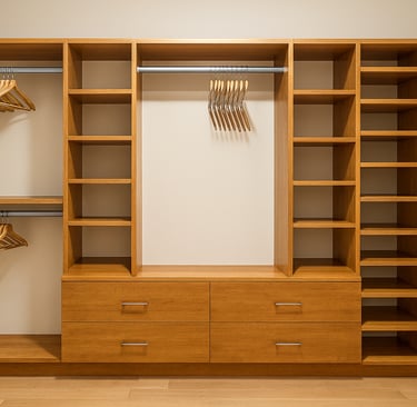 a closet with a closet with clothes hanging on it