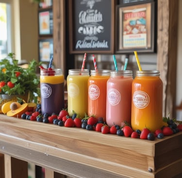 A food truck is parked on a dimly lit street, surrounded by trees wrapped in warm, white fairy lights. The sky is transitioning from dusk to night, displaying hues of blue and pink. Nearby buildings are visible with glass windows and signs.