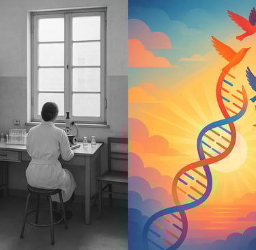 Scientist in laboratory transforms into DNA helix becoming birds at sunrise - Özlem Türeci story