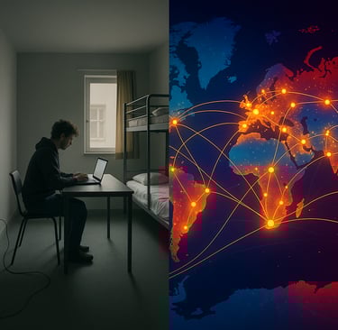 Founder in hostel room transforming into global payment network infrastructure connecting continents
