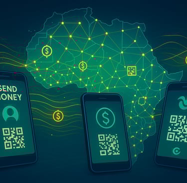 Modern tech illustration of mobile money in West Africa. The image features a glowing map of Africa.