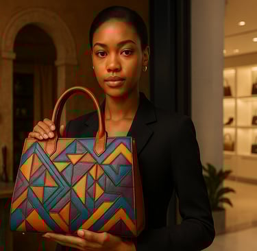 A young Black woman holds a vibrant geometric handbag